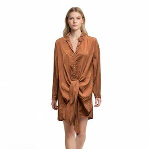 Bella Amore Tie-Front Mini Shirt Coffee Brown Dress Size S